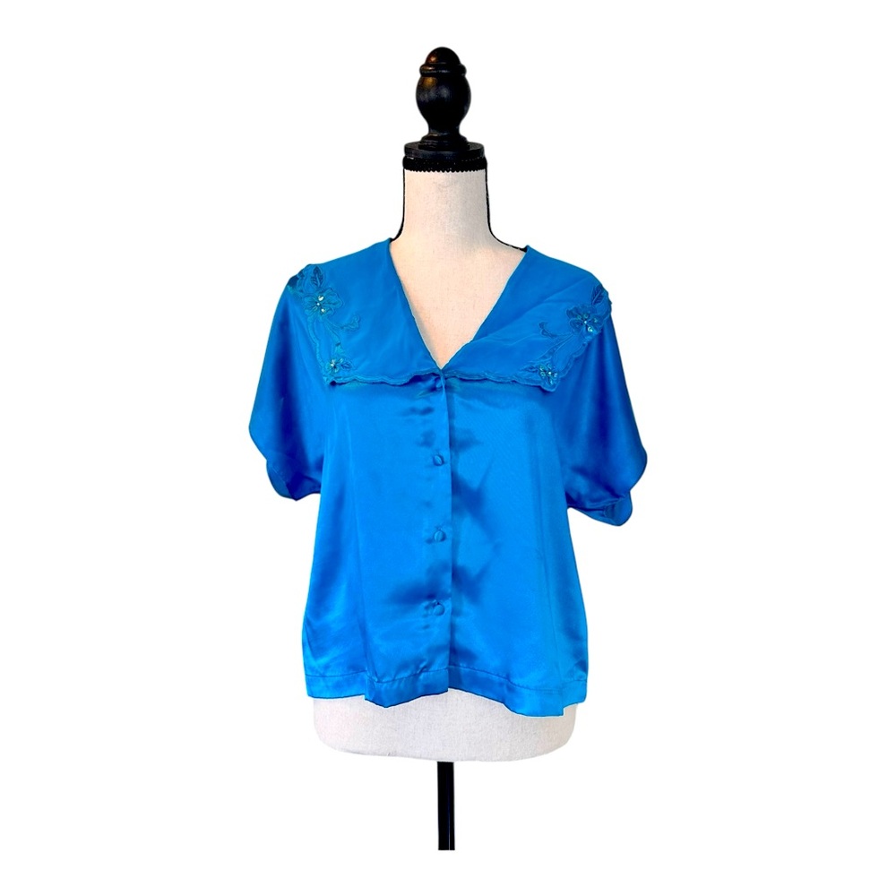 Vintage Val Mode Blue Satin Embroidered Blouse Lingerie - Small